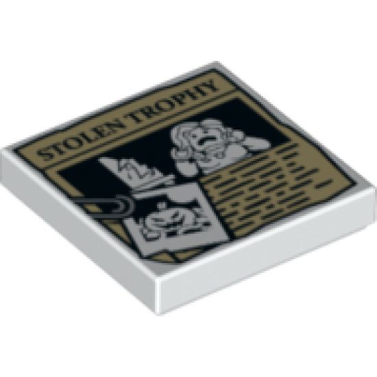 Tile 2 x 2 with Paper Clip, Pumpkin Jack O' Lantern Image and 'STOLEN TROPHY' Newspaper Article Pattern