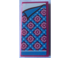Tile 2 x 4 with Bedspread with Magenta Flowers and Medium Blue Stripes and Corner Pulled Back Pattern (Sticker) - Set 41126