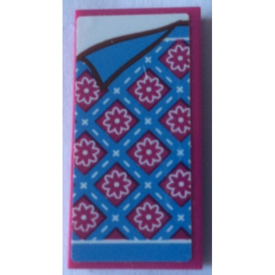 Tile 2 x 4 with Bedspread with Magenta Flowers and Medium Blue Stripes and Corner Pulled Back Pattern (Sticker) - Set 41126