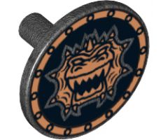 Minifigure, Shield Round Flat with Gold Dragon Head with Jagged Teeth Pattern