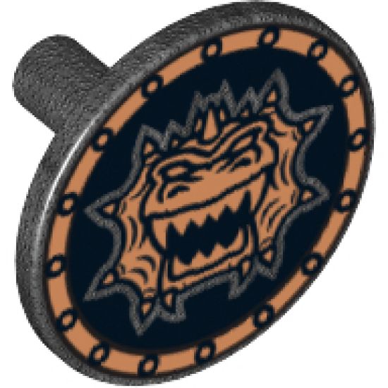 Minifigure, Shield Round Flat with Gold Dragon Head with Jagged Teeth Pattern