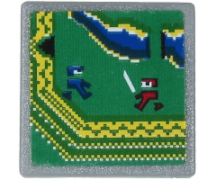 Road Sign 2 x 2 Square with Open O Clip with Video Game Display with Blue and Dark Red Ninja on Green Background Pattern (Sticker) - Set 71712