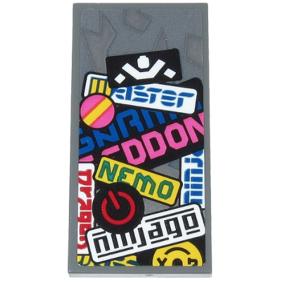 Tile 2 x 4 with Black 'ninjago', Green 'NEMO', White Ninja Silhouette, Power Button, Yellow Stripe and Partial Text Pattern (Sticker) - Set 71710