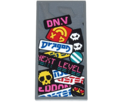 Tile 2 x 4 with Dark Pink 'DN.V' and 'NEXT LEVEL', Blue 'Dragon', Yellow Skull, Faces, Stripes and Partial Text Pattern (Sticker) - Set 71710