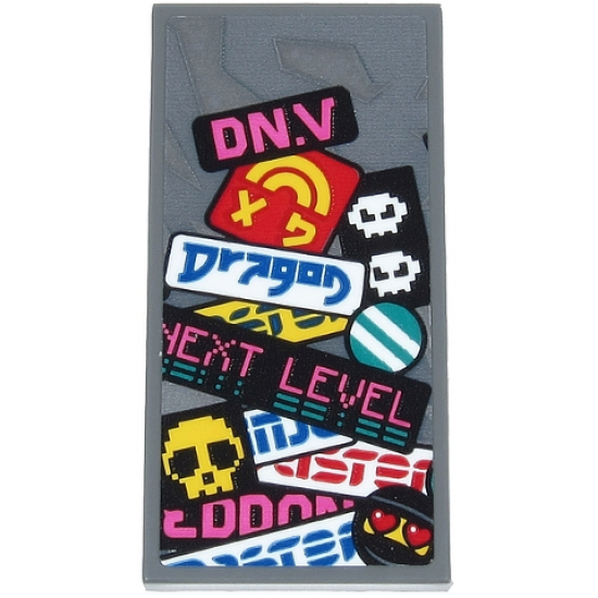 Tile 2 x 4 with Dark Pink 'DN.V' and 'NEXT LEVEL', Blue 'Dragon', Yellow Skull, Faces, Stripes and Partial Text Pattern (Sticker) - Set 71710