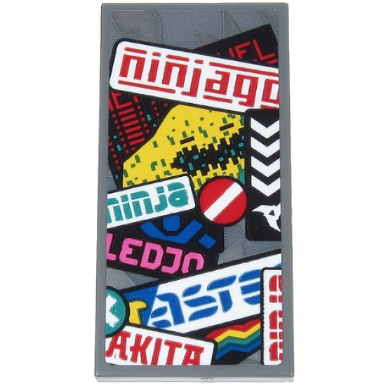 Tile 2 x 4 with Red 'ninjago', Green 'ninja', Blue Ninja Silhouette, White Stripe on Red Circle and Partial Text Pattern (Sticker) - Set 71710