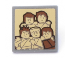 Road Sign 2 x 2 Square with Open O Clip with 5 Ninjago Minifigures on Tan Background Pattern (Sticker) - Set 70618