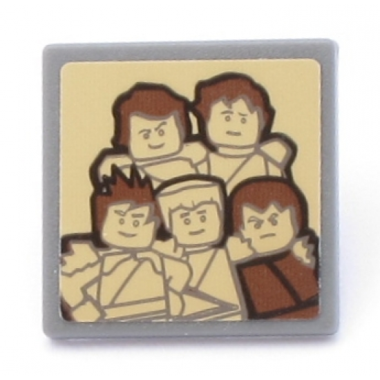Road Sign 2 x 2 Square with Open O Clip with 5 Ninjago Minifigures on Tan Background Pattern (Sticker) - Set 70618