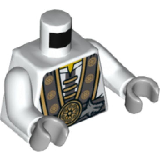 Torso Ninjago Robe with Gray and Gold Trim, Silver Dragons and Gold Flower Symbols Pattern / White Arms / Light Bluish Gray Hands