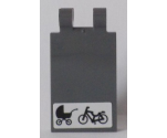 Tile, Modified 2 x 3 with 2 Clips with Black Baby Carriage and Bicycle on White Background Pattern (Sticker) - Set 60154