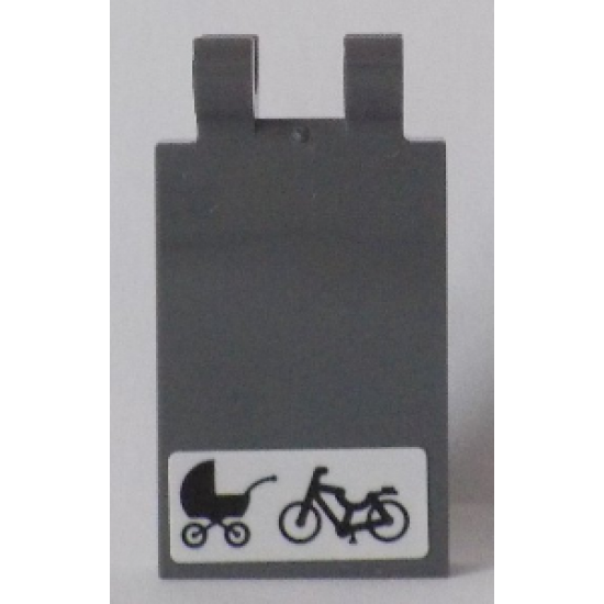 Tile, Modified 2 x 3 with 2 Clips with Black Baby Carriage and Bicycle on White Background Pattern (Sticker) - Set 60154