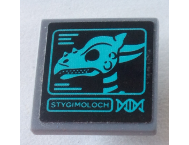 Road Sign 2 x 2 Square with Open O Clip with 'STYGIMOLOCH' and Dinosaur Skull Pattern (Sticker) - Set 75927