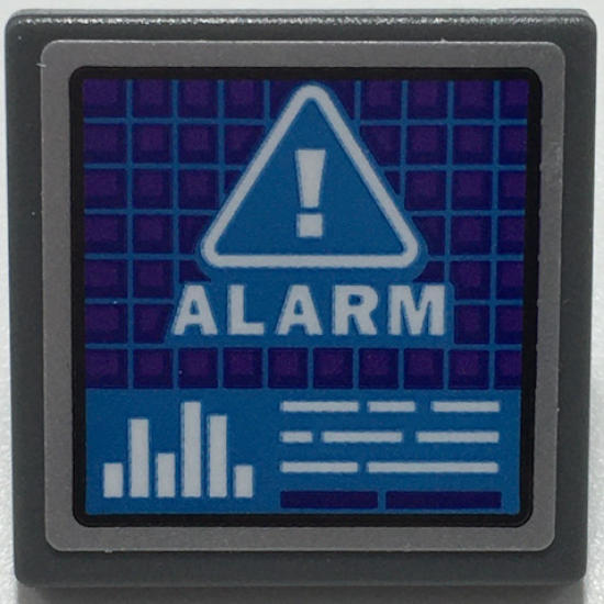 Road Sign 2 x 2 Square with Open O Clip with Dark Purple Screen with Dark Azure Grid, White Warning Triangle, 'ALARM', and Bar Graph Pattern (Sticker) - Set 70424
