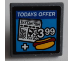 Road Sign 2 x 2 Square with Open O Clip with 'TODAYS OFFER', 'THE LEGO NEWS', '399' and Hot Dog Pattern (Sticker) - Set 60200
