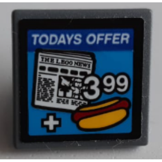 Road Sign 2 x 2 Square with Open O Clip with 'TODAYS OFFER', 'THE LEGO NEWS', '399' and Hot Dog Pattern (Sticker) - Set 60200