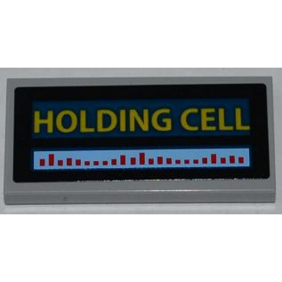 Tile 2 x 4 with Red Bars and Yellow 'HOLDING CELL' on Dark Blue Background Pattern (Sticker) - Set 6860