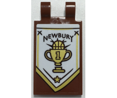 Tile, Modified 2 x 3 with 2 Open O Clips with Black 'NEWBURY' and Gold Basketball Trophy on White Banner Pattern Model Left Side (Sticker) - Set 70425