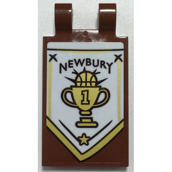 Tile, Modified 2 x 3 with 2 Open O Clips with Black 'NEWBURY' and Gold Basketball Trophy on White Banner Pattern Model Left Side (Sticker) - Set 70425