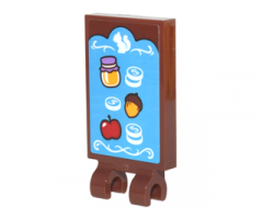 Tile, Modified 2 x 3 with 2 Clips with Store Sign with Jar, Acorn, Apple, '5' Coins, White Scrollwork and Squirrel Pattern (Sticker) - Set 41182