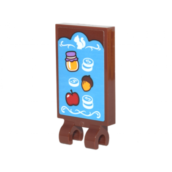 Tile, Modified 2 x 3 with 2 Clips with Store Sign with Jar, Acorn, Apple, '5' Coins, White Scrollwork and Squirrel Pattern (Sticker) - Set 41182