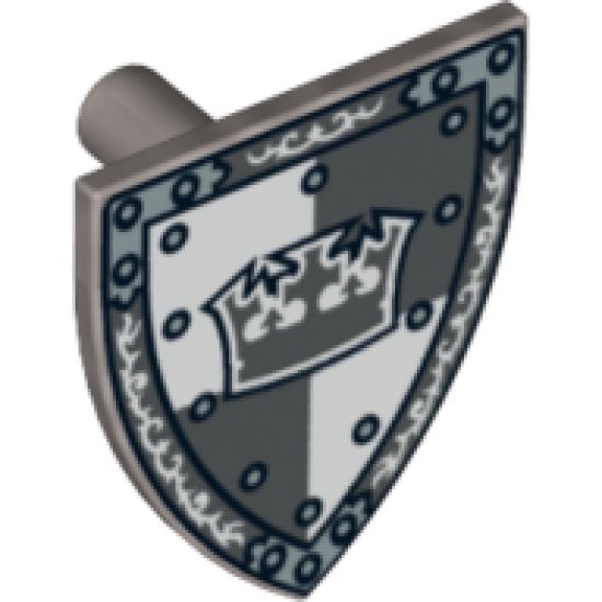 Minifigure, Shield Triangular  with Gray Crown on White and Gray Quarters Background Pattern