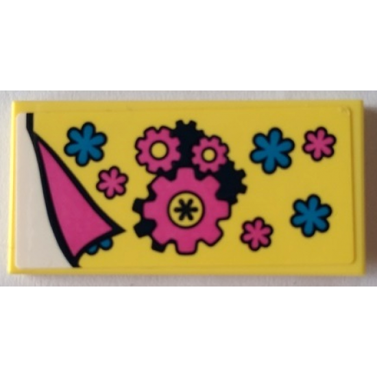 Tile 2 x 4 with Blanket with Dark Pink Gears and Flowers Pattern (Sticker) - Set 41329