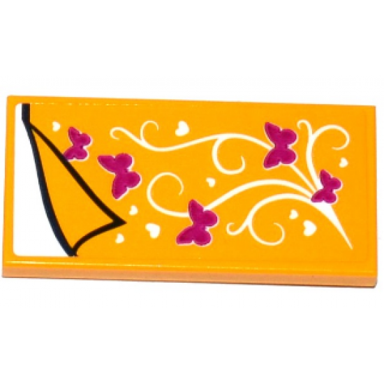 Tile 2 x 4 with Bright Light Orange Blanket with Hearts and Butterflies and White Sheet Pattern (Sticker) - Set 41125