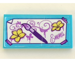 Tile 2 x 4 with Dark Purple Paint Brush, Bright Light Yellow Flowers, Medium Lavender Script 'Emma' Pattern (Sticker) - Set 41332