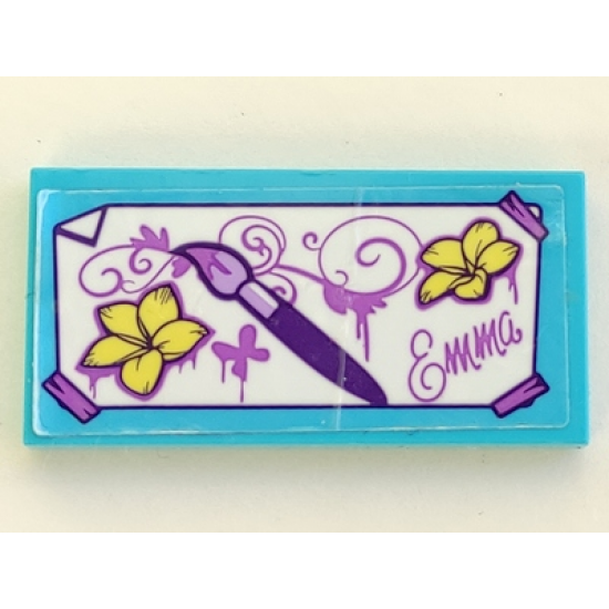 Tile 2 x 4 with Dark Purple Paint Brush, Bright Light Yellow Flowers, Medium Lavender Script 'Emma' Pattern (Sticker) - Set 41332