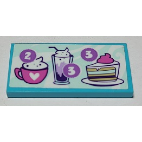 Tile 2 x 4 with Menu with Number 2 and 3 and Mug, Milkshake and Cake Pattern (Sticker) - Set 41336