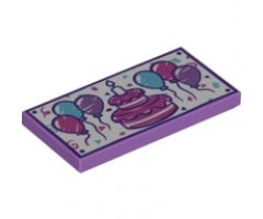 Tile 2 x 4 with 6 Balloons, Birthday Cake with Candle and Confetti Pattern