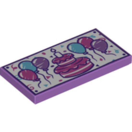 Tile 2 x 4 with 6 Balloons, Birthday Cake with Candle and Confetti Pattern