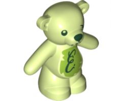 Teddy Bear with Dark Green Eyes, Nose and Mouth, Script Letter E on Lime Stomach, Damaged Eye Pattern