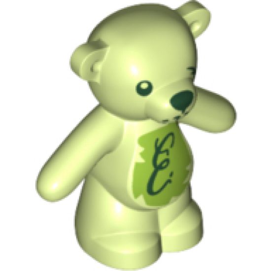 Teddy Bear with Dark Green Eyes, Nose and Mouth, Script Letter E on Lime Stomach, Damaged Eye Pattern