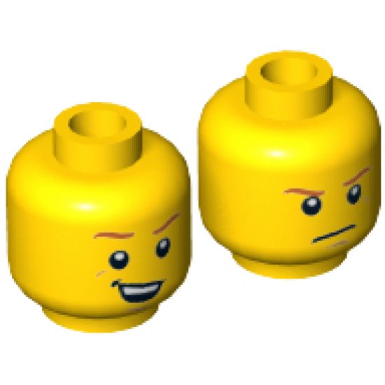 Minifigure, Head Dual Sided Dark Orange Eyebrows, Crooked Smile with Teeth / Determined, Closed Mouth Pattern - Hollow Stud