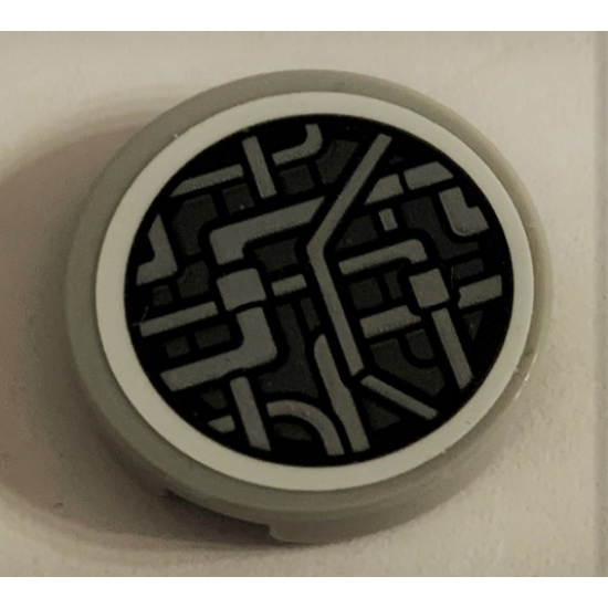 Tile, Round 2 x 2 with Bottom Stud Holder with SW Millennium Falcon Light Bluish Gray Pipes Pattern (Sticker) - Set 75212