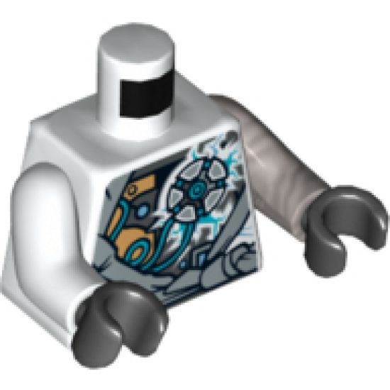 Torso Ninjago Robe with Exposed Mechanical Parts and Ice Power Emblem Pattern / Flat Silver Arm Left / White Arm Right / Black Hands