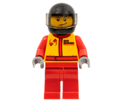 Monster Truck Driver, Race Suit with Airborne Spoilers Logo, Black Helmet with Trans-Black Visor, Crooked Smile