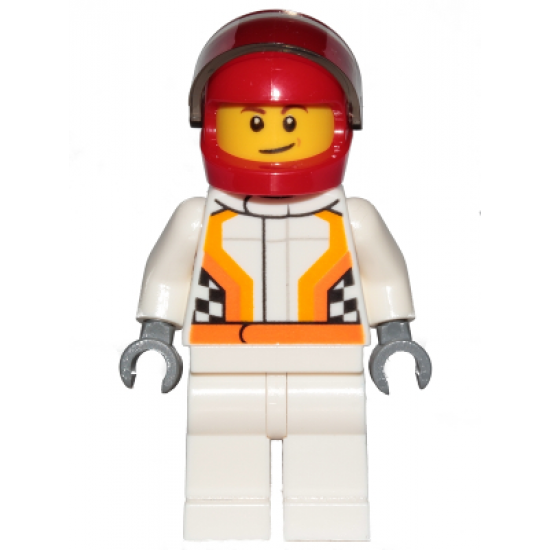 Race Car Driver, White Race Suit with Orange Stripes and Checkered Pattern, Red Helmet, Crooked Smile with Brown Dimple