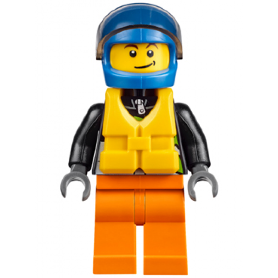 Xtreme Powerboat Driver, Male, Brown Dimple, Black Race Jacket, Orange Legs, Blue Standard Helmet, Yellow Life Jacket