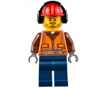 Fire - Male, Orange Safety Vest, Reflective Stripes, Reddish Brown Shirt, Dark Blue Legs, Red Construction Helmet with Black Headphones, Stubble