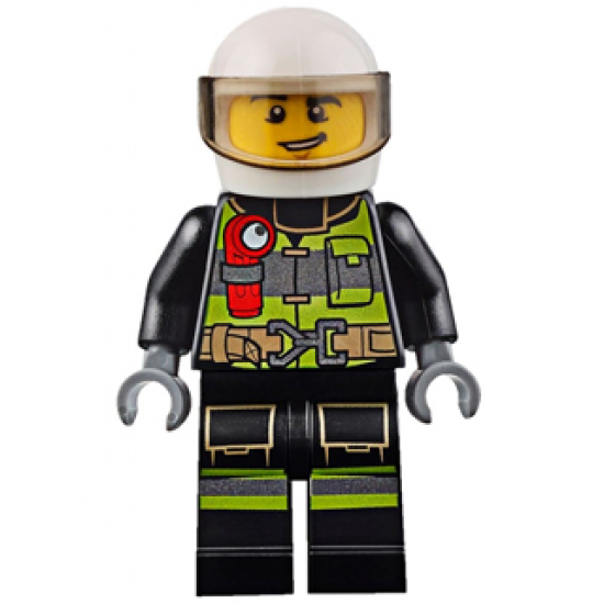 Fire - Reflective Stripes with Utility Belt and Flashlight, White Helmet, Trans-Black Visor, Lopsided Grin