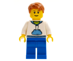 White Hoodie with Blue Pockets, Blue Legs, Dark Orange Short Tousled Hair