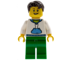 White Hoodie with Blue Pockets, Green Legs, Dark Brown Short Tousled Hair