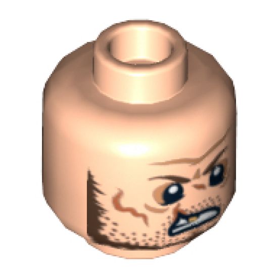 Minifigure, Head Dual Sided Scars and Gold Tooth, Crooked Smile, Clean Shaven / Angry, Beard and Stubble Pattern (Butch Cavendish) - Hollow Stud
