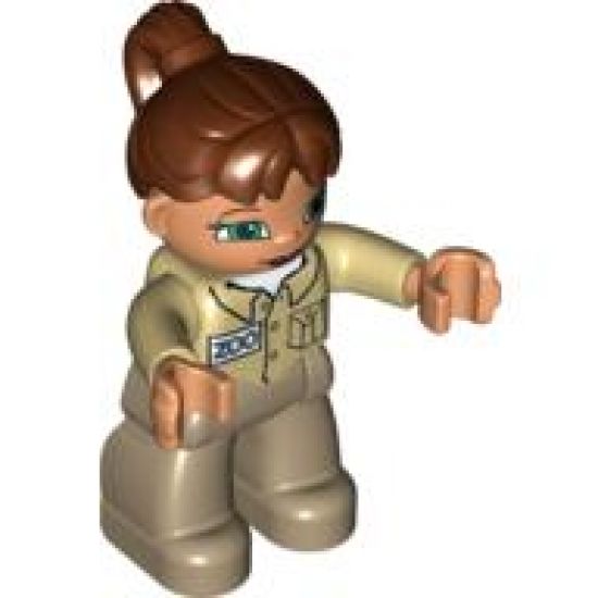 Duplo Figure Lego Ville, Female, Dark Tan Legs, Tan Top, Reddish Brown Ponytail Hair, Green Eyes (Zoo Keeper)
