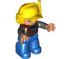 Duplo Figure Lego Ville, Male, Blue Legs, Brown Vest with Zipper and Zippered Pockets, Yellow Cap with Headset