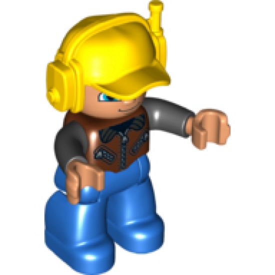 Duplo Figure Lego Ville, Male, Blue Legs, Brown Vest with Zipper and Zippered Pockets, Yellow Cap with Headset