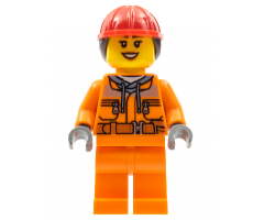 Construction Worker - Female, Orange Safety Jacket, Reflective Stripe, Sand Blue Hoodie, Orange Legs, Red Construction Helmet with Dark Brown Hair, Peach Lips