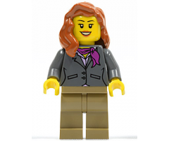Dark Bluish Gray Jacket with Magenta Scarf, Dark Tan Legs, Dark Orange Female Hair over Shoulder